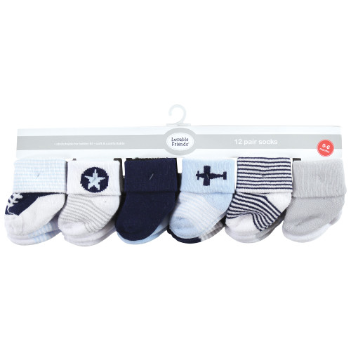 Luvable Friends Newborn and Baby Terry Socks, Airplane 12-Pack