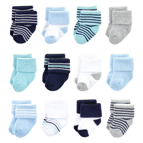 Luvable Friends Newborn and Baby Terry Socks, Mint Navy Stripes 12-Pack