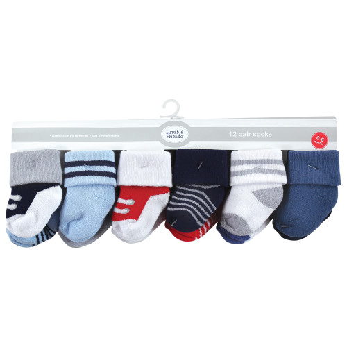 Luvable Friends Newborn and Baby Terry Socks, Red Navy Sneakers 12-Pack