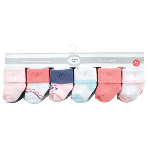 Luvable Friends Newborn and Baby Terry Socks, Coral Mint Aztec