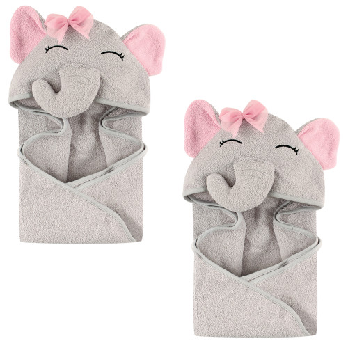 Hudson Baby Cotton Animal Face Hooded Towel Bundle Set, Pretty Elephant 2-Piece