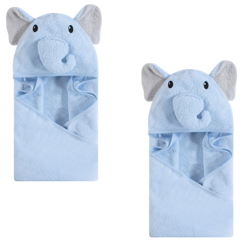 Hudson Baby Cotton Animal Face Hooded Towel Bundle Set, Light Blue Elephant 2-Piece