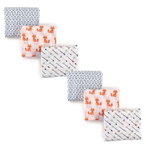 Hudson Baby Cotton Muslin Swaddle Blankets Bundle Set, Foxes 6-Piece