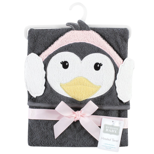 Hudson Baby Cotton Animal Face Hooded Towel, Earmuff Penguin