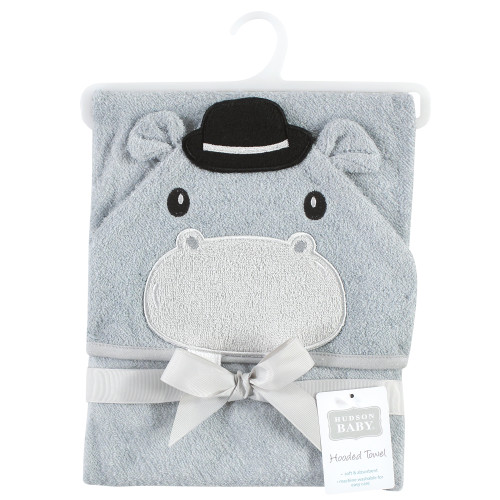 Hudson Baby Cotton Animal Face Hooded Towel, Gray Hippo