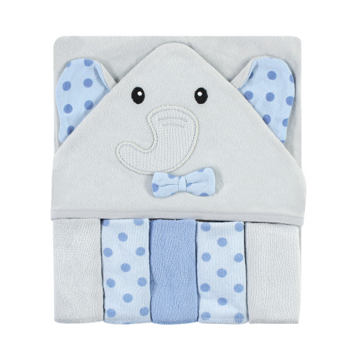 Hudson Baby Unisex Hooded Towel and Five Washcloths, Blue Dots Gray Elephant, One Size