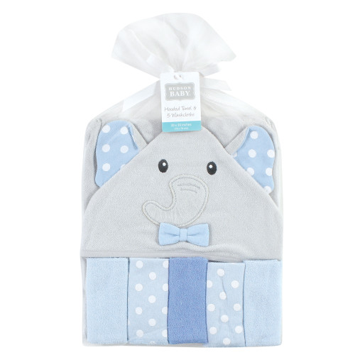 Hudson Baby Hooded Towel and Five Washcloths, White Dots Gray Elephant