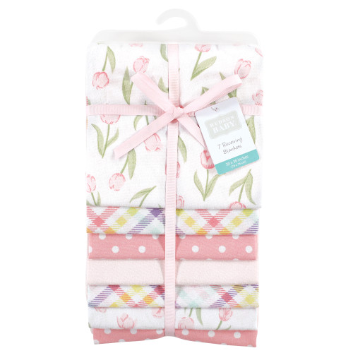 Hudson Baby Cotton Flannel Receiving Blankets Bundle, Pink Tulips
