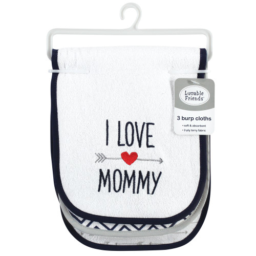 Luvable Friends Cotton Burp Cloths with Fiber Filling, Hearts Boy Mommy