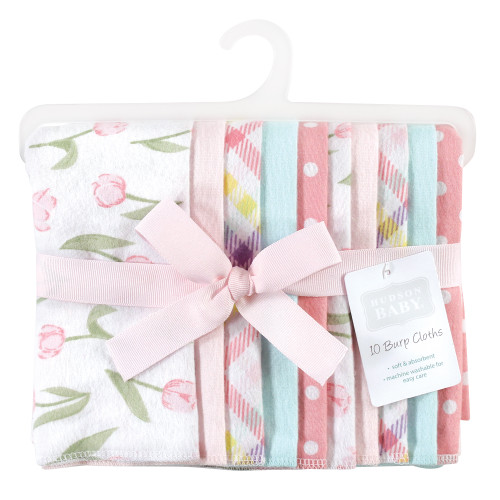 Hudson Baby Cotton Flannel Burp Cloths, Pink Tulips