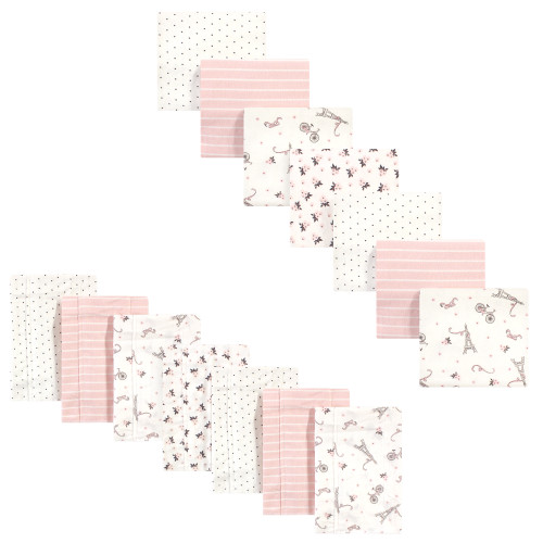 Hudson Baby Cotton Flannel Burp Cloths and Receiving Blankets, 14-Piece, Paris