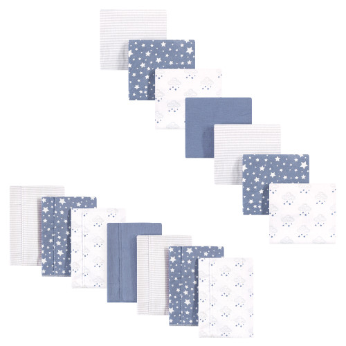 Hudson Baby Cotton Flannel Burp Cloths and Receiving Blankets, 14-Piece, Cloud Mobile Blue