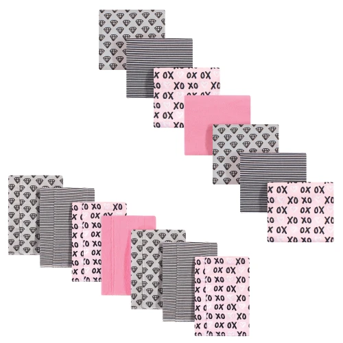 Hudson Baby Cotton Flannel Burp Cloths and Receiving Blankets, 14-Piece, Xoxo
