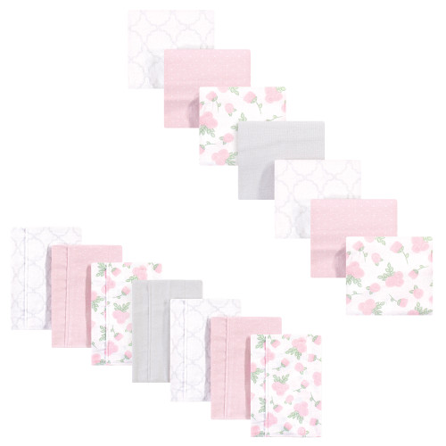 Hudson Baby Cotton Flannel Burp Cloths and Receiving Blankets, 14-Piece, Pink Rose