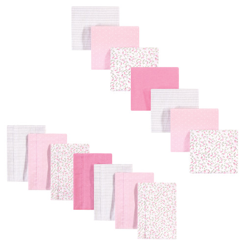 Hudson Baby Cotton Flannel Burp Cloths and Receiving Blankets, 14-Piece, Pink Peony