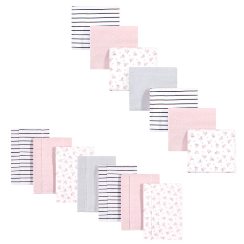 Hudson Baby Cotton Flannel Burp Cloths and Receiving Blankets, 14-Piece, Gray Pink Floral