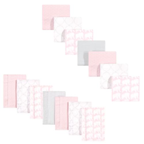 Hudson Baby Cotton Flannel Burp Cloths and Receiving Blankets, 14-Piece, Girl Elephant