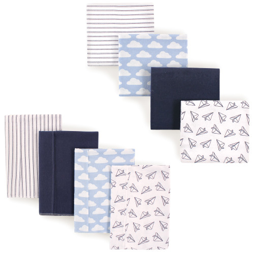 Hudson Baby Cotton Flannel Burp Cloths and Receiving Blankets, 8-Piece, Paper Airplane