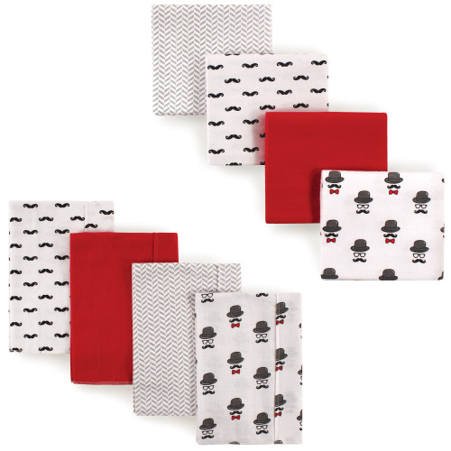 Hudson Baby Cotton Flannel Burp Cloths and Receiving Blankets, 8-Piece, Mustache Hat