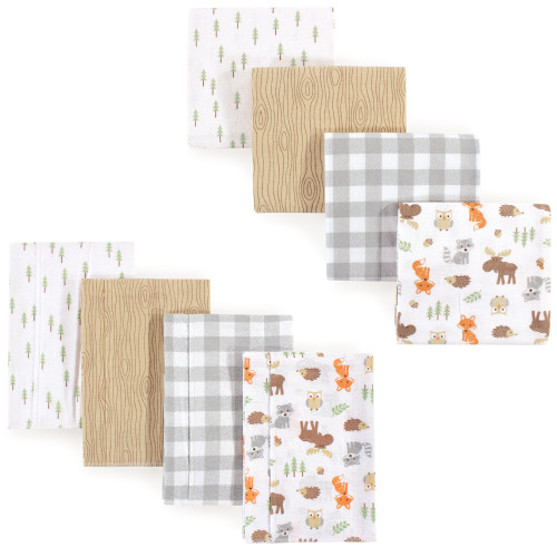 Hudson Baby Cotton Flannel Burp Cloths and Receiving Blankets, 8-Piece, Woodland
