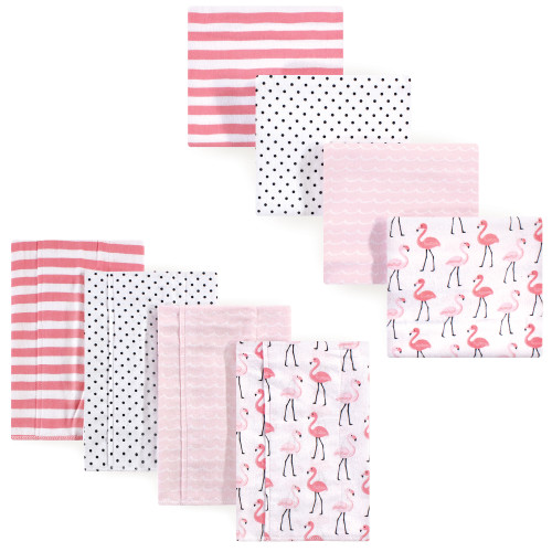 Hudson Baby Cotton Flannel Burp Cloths and Receiving Blankets, 8-Piece, Flamingos