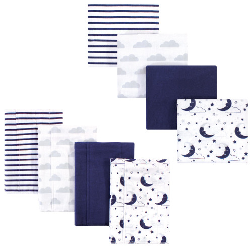 Hudson Baby Cotton Flannel Burp Cloths and Receiving Blankets, 8-Piece, Moon