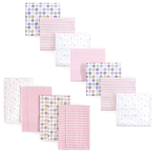 Luvable Friends Infant Girl Cotton Flannel Burp Cloths and Receiving Blankets, 11-Piece, Pink Dots, One Size