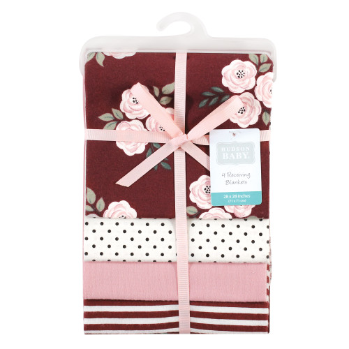 Hudson Baby Cotton Flannel Receiving Blankets, Burgundy Floral