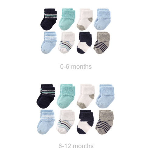 Luvable Friends Grow with Me Cotton Terry Socks, Mint Navy Stripes 16-Pack