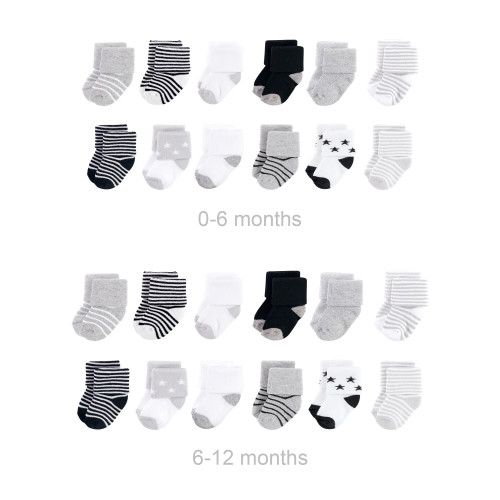 Hudson Baby Unisex Baby Grow with Me Cotton Terry Socks, Gray Black Stars