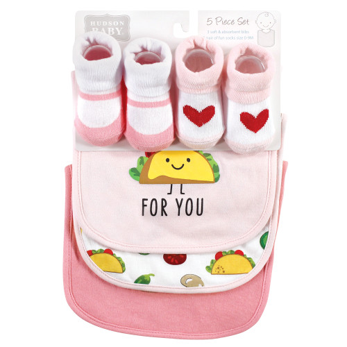 Hudson Baby Cotton Bib and Sock Set, Girl Pizza Taco