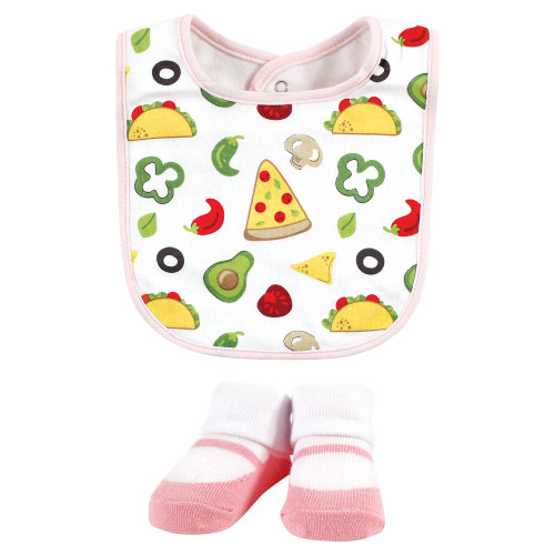 Hudson Baby Cotton Bib and Sock Set, Girl Pizza Taco