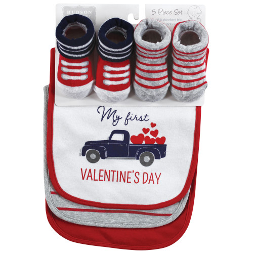 Hudson Baby Cotton Bib and Sock Set, Valentine Truck