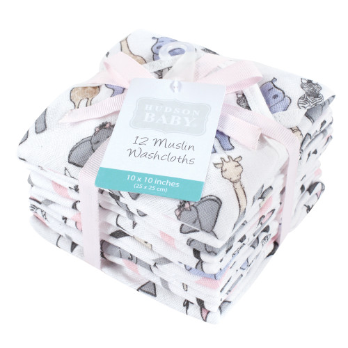 Hudson Baby Cotton Muslin Washcloths, Pink Safari