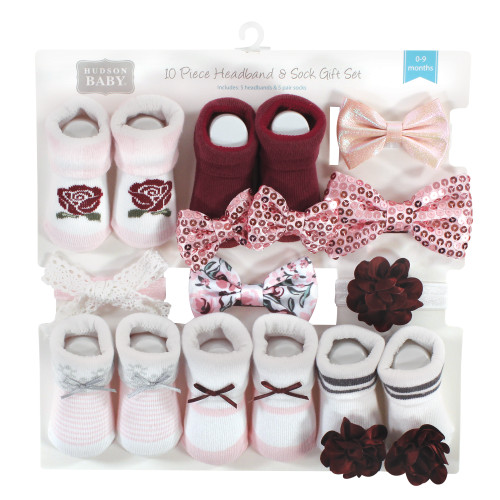 Hudson Baby Headband and Socks Giftset, Rose 10-Piece