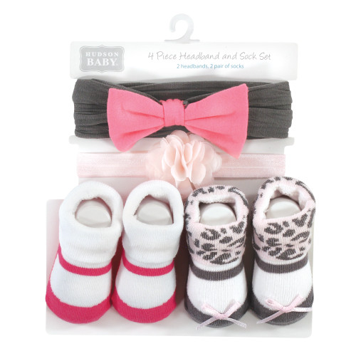 Hudson Baby Headband and Socks Set, Pink Leopard