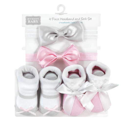 Hudson Baby Headband and Socks Set, Pink Gray