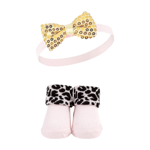 Hudson Baby Headband and Socks Giftset, Gold Sequin