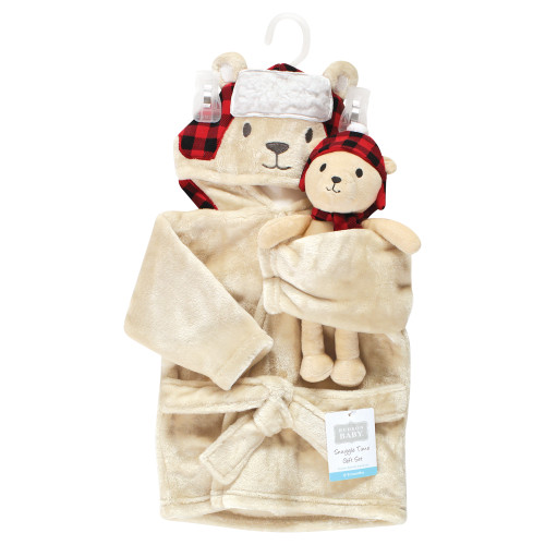 Hudson Baby Plush Bathrobe and Toy Set, Plaid Bear
