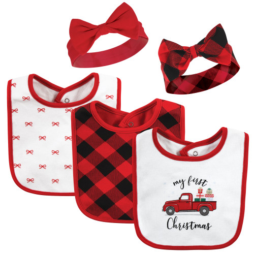 Hudson Baby Infant Girls Cotton Bib and Headband or Caps Set, Red Truck Bows