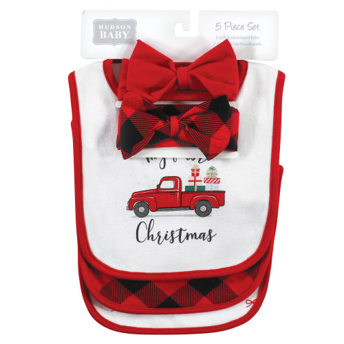 Hudson Baby Cotton Bib and Headband or Caps Set, Red Truck Bows