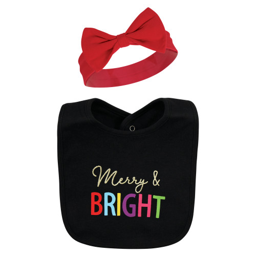Hudson Baby Cotton Bib and Headband or Caps Set, Merry And Bright
