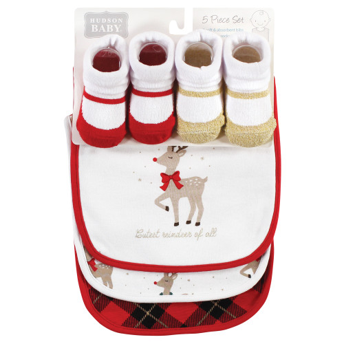 Hudson Baby Cotton Bib and Sock Set, Fancy Rudolph