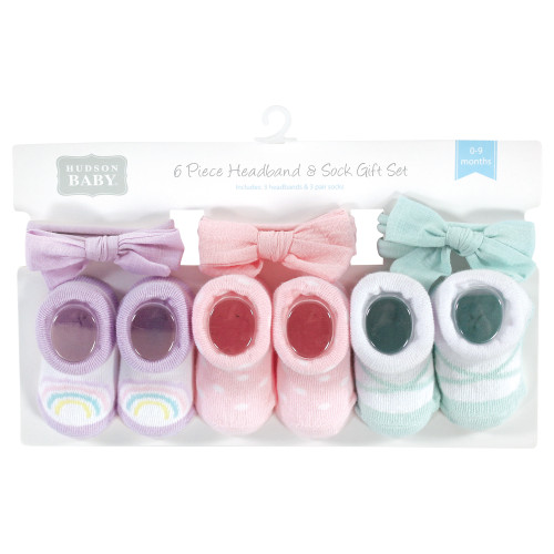 Hudson Baby Headband and Socks Giftset, Purple Mint Rainbow