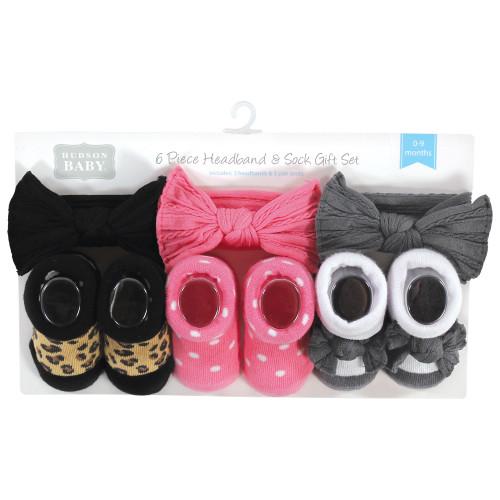 Hudson Baby Headband and Socks Giftset, Black Wild Rose Leopard