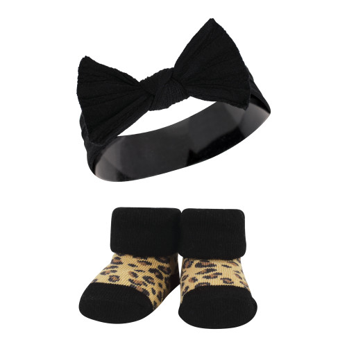 Hudson Baby Headband and Socks Giftset, Black Wild Rose Leopard