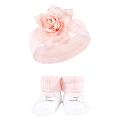 Hudson Baby Headband and Socks Giftset, Pink Black Gray