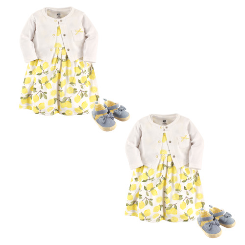 Hudson Baby Infant Girl Cotton Dress, Cardigan and Shoe Set, Lemon 6-Piece
