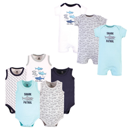 Hudson Baby Cotton Bodysuits and Rompers, 8-Piece, Shark Patrol