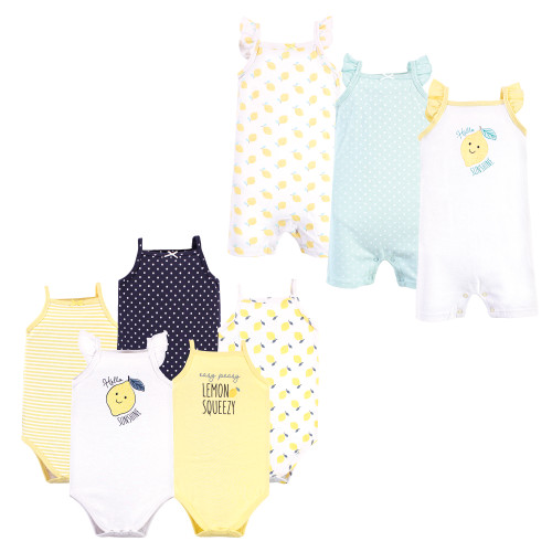 Hudson Baby Cotton Bodysuits and Rompers, 8-Piece, Lemon